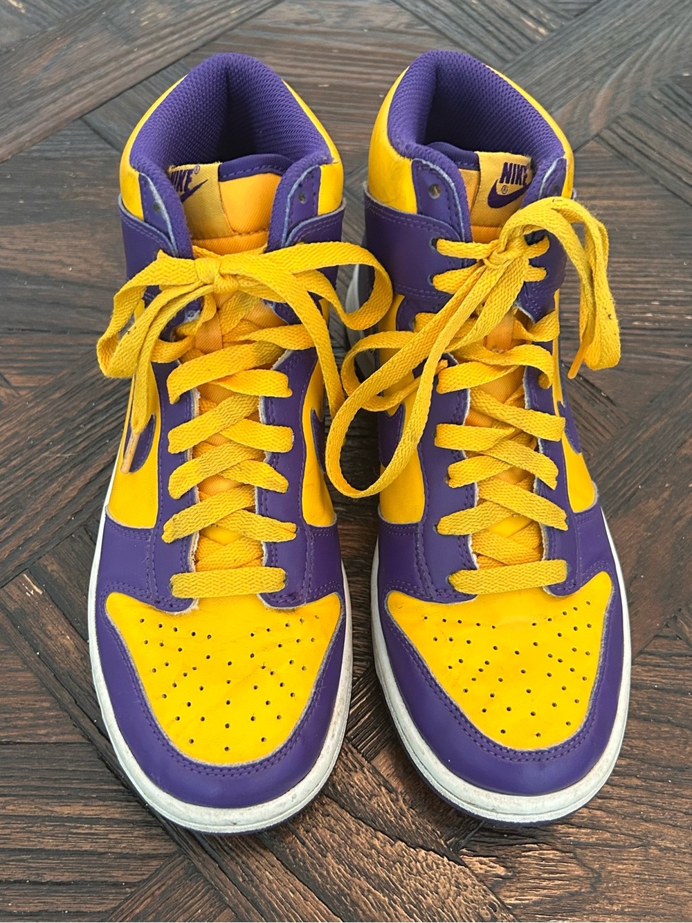 Nike Dunk Lakers High Retro High-Top Sneakers in Purple and Yellow, Youth 5.5